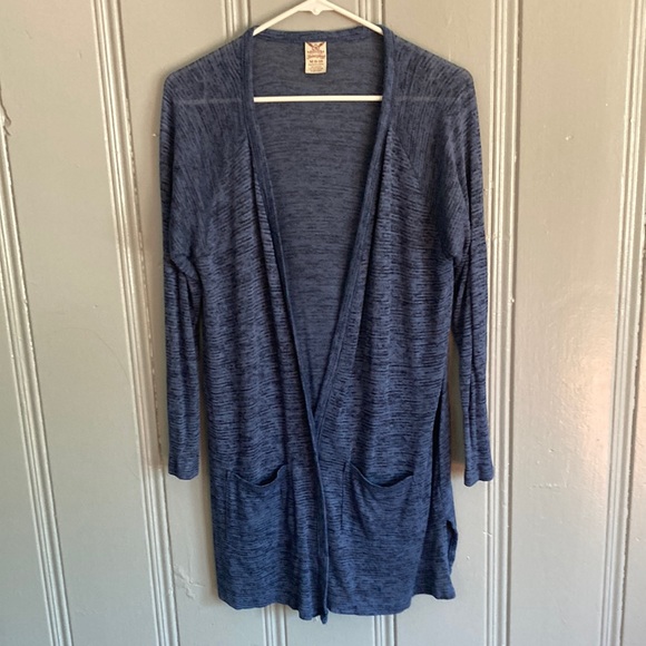 SOLD Blue Draped Knit Angle Front Duster Cardigan Split Hem Sides W/ Pockets- M - Picture 4 of 7